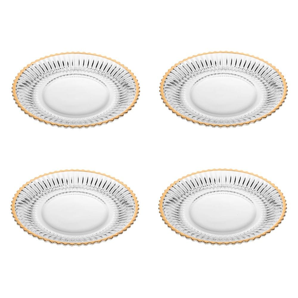 Cj 4 Pratos para Sobremesa de Cristal Canelado Imperatriz C/Fio de Ouro 20cm Wolff