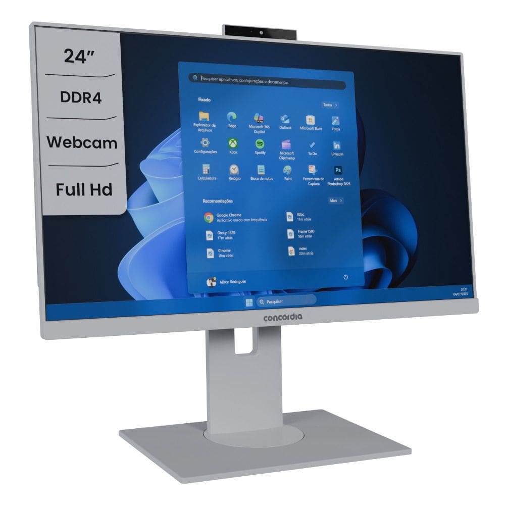 Computador All In One Concórdia Core i3 12100 8GB DDR4 SSD 256GB 23.8`` Full HD Webcam WiFi Windows 11 Pro Branco