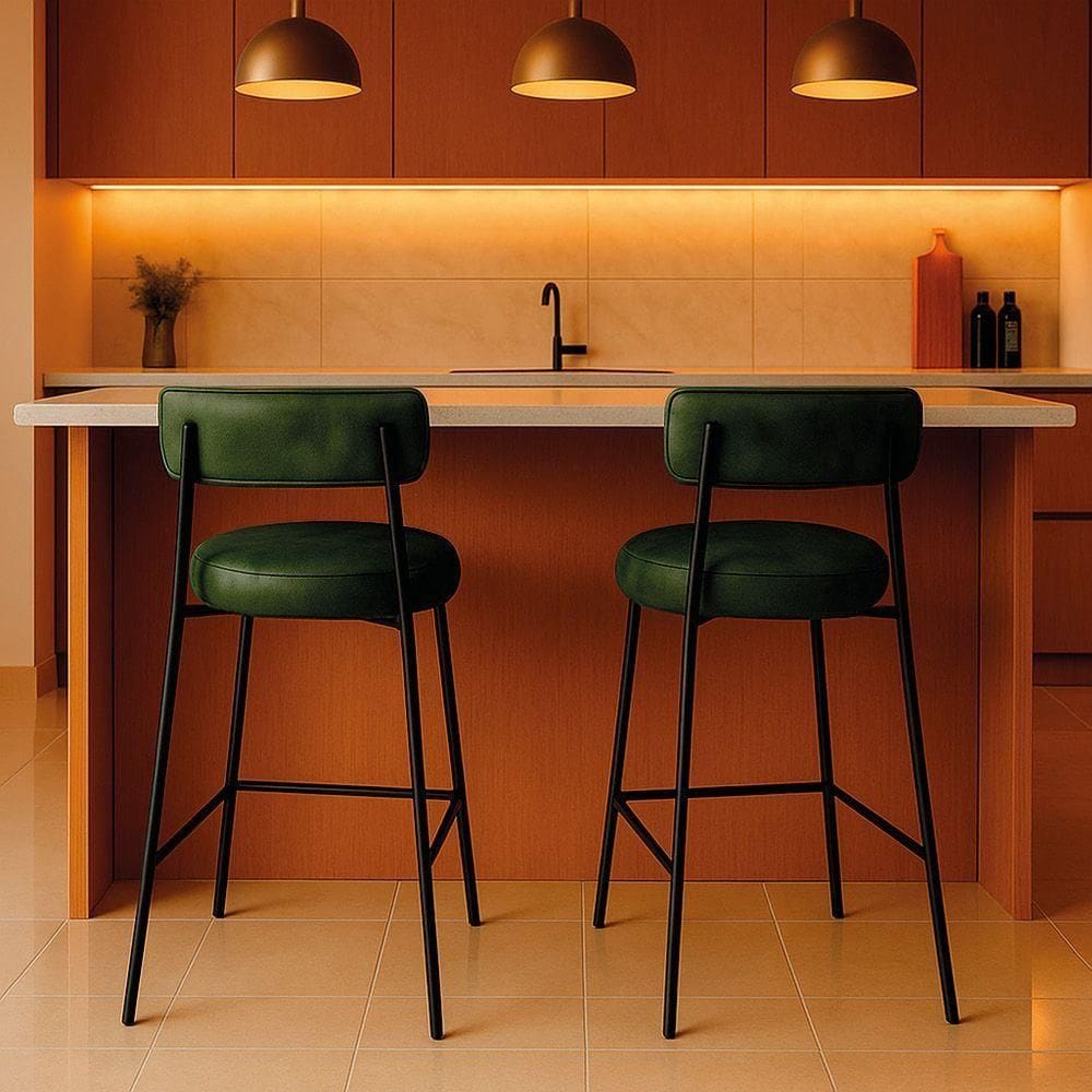 Banqueta Cozinha Média Com Encosto Industrial Dourado Kit 2 Londres Pu D03 - D`rossi Cor Verde