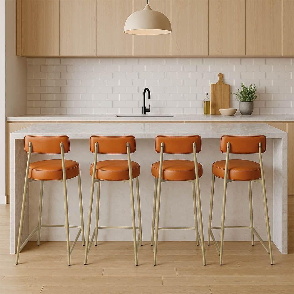 Banqueta Cozinha Alta Com Encosto Industrial Dourado Kit 4 Londres Pu D03 - D`rossi Nozes