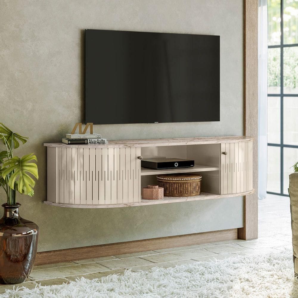 Rack Tv 60 Pol 136cm Bancada Suspenso Ripado Norezi Calacata-off White M20 - D`rossi