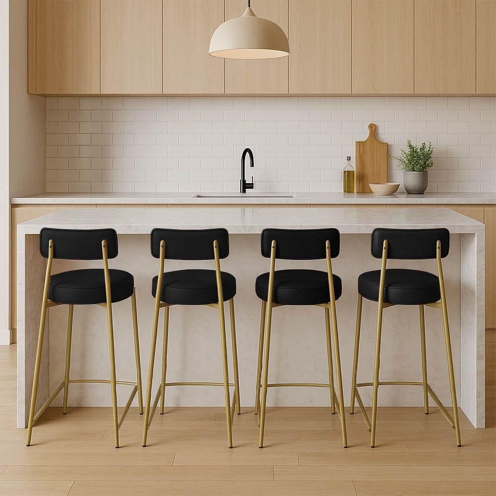 Banqueta Cozinha Alta Com Encosto Industrial Dourado Kit 4 Londres Pu Preto D03 - D`rossi