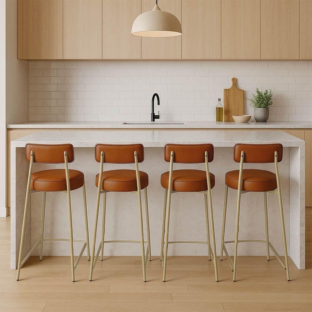 Banqueta Cozinha Alta Com Encosto Industrial Champanhe Kit 4 Londres Pu Nozes D03 - D`rossi