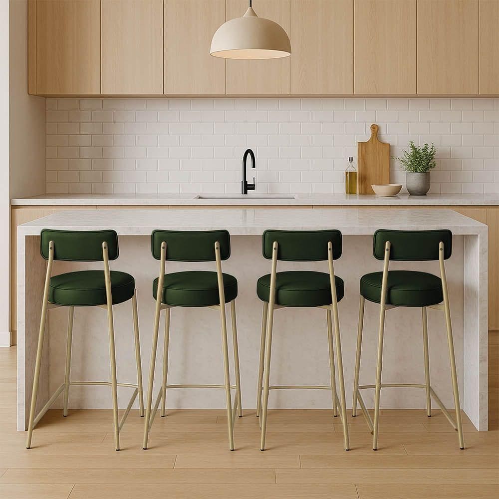 Banqueta Cozinha Alta Com Encosto Industrial Champanhe Kit 4 Londres Pu Verde D03 - D`rossi