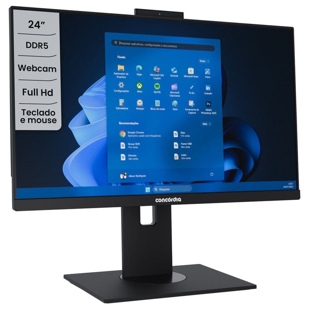 Computador All In One Concórdia Core i3 12100 8GB DDR5  SSD 256GB 23.8`` Full Hd  Webcam WIFI FreeDos Preto