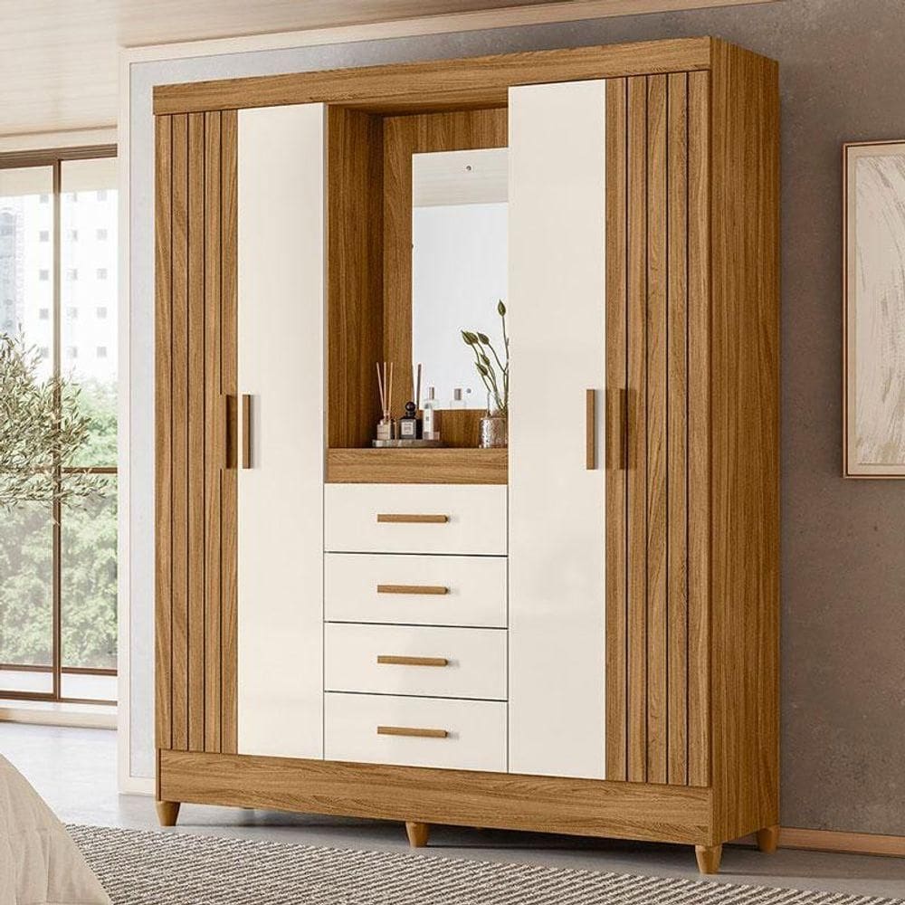 Guarda Roupa Solteiro Ambiente Atenas Com Espelho 4 Portas Freijó Off White- Moval