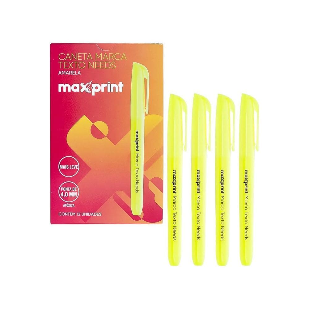 Caixa 12 Canetas Marca Texto Needs Maxprint Escolar Amarelo