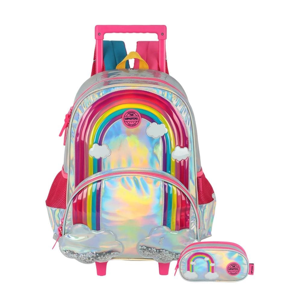 Kit Escolar Arco-Íris Mochila Rodas Costas + Estojo Triplo