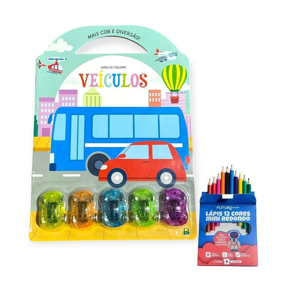 Kit Livro De Colorir Veículos+5 Mini Carros+12 Lápis De Cor