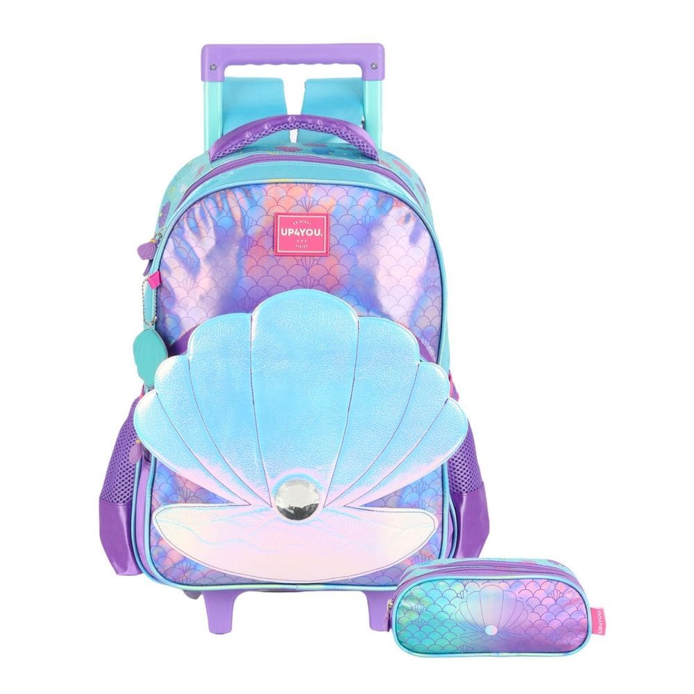 Kit Escolar Concha Lilás Mochila Rodas + Estojo Triplo