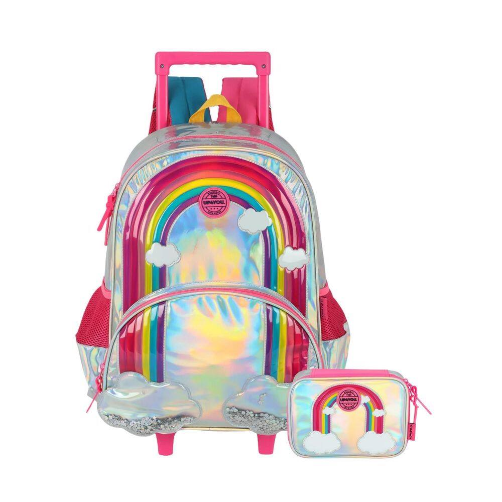 Kit Escolar Arco-Íris Mochila Rodas Costas + Estojo Box