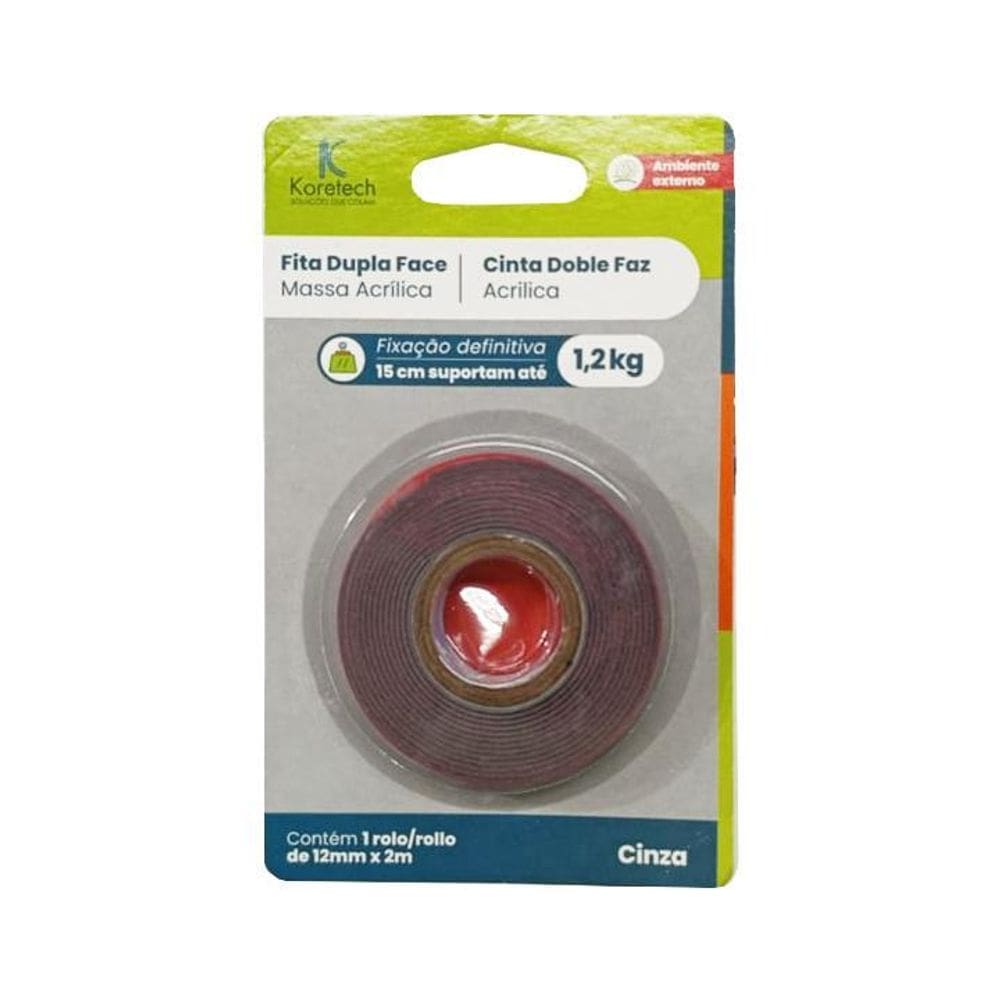 Fita Dupla Face Massa Acrílica Cinza 12Mm X 2M Uso Int E Ext