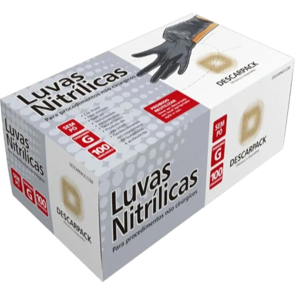 Luva Descartável Nitrílica Sem Pó Preta G - 100Un Descarpack