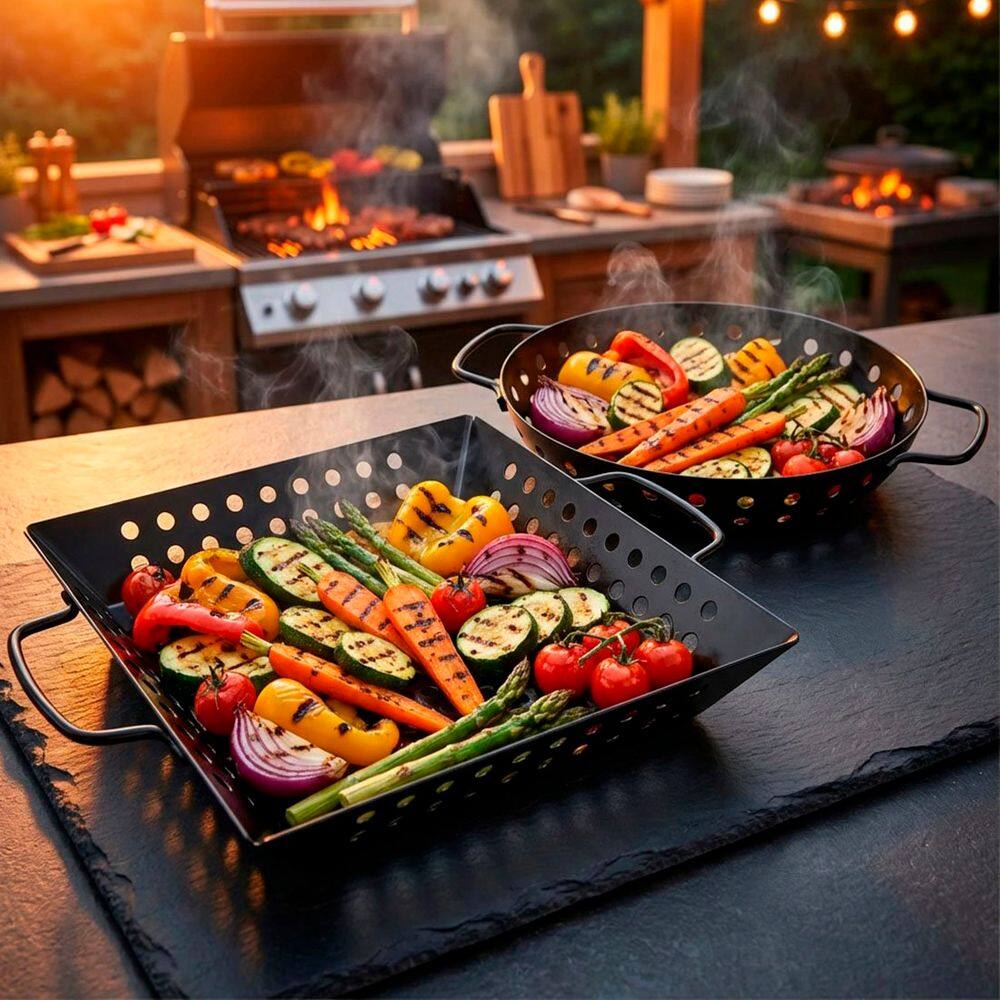 Assadeiras Churrasqueira Grelhas Cestos Em Aço Inox Kit 2pçs