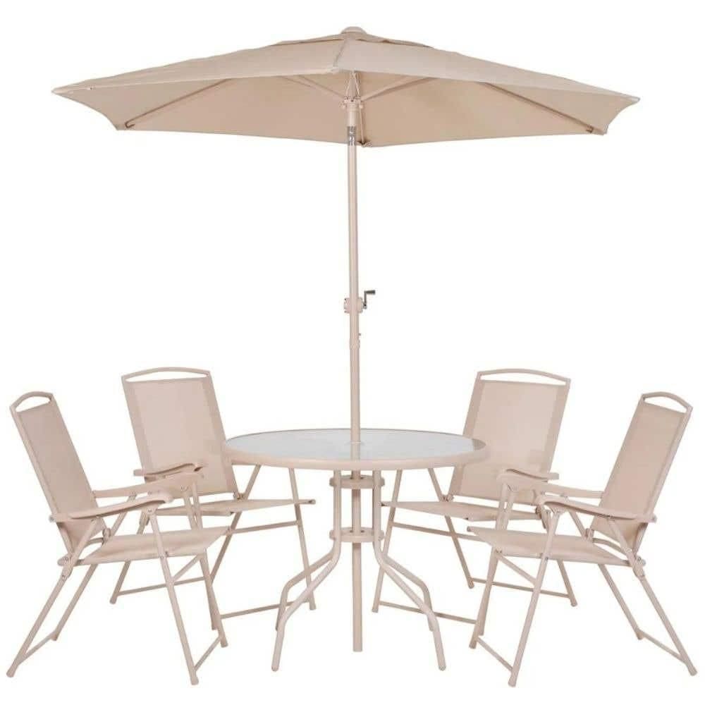 Conjunto de Mesa e Cadeira e Guarda Sol para Jardim em Aço Bege Malibu MOR