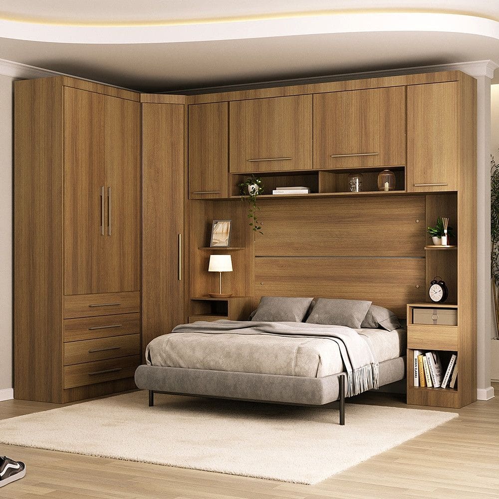 Quarto Modulado Queen de Canto com Guarda-roupas Maleiro e Cabeceira Paris Master Luciane Moveis