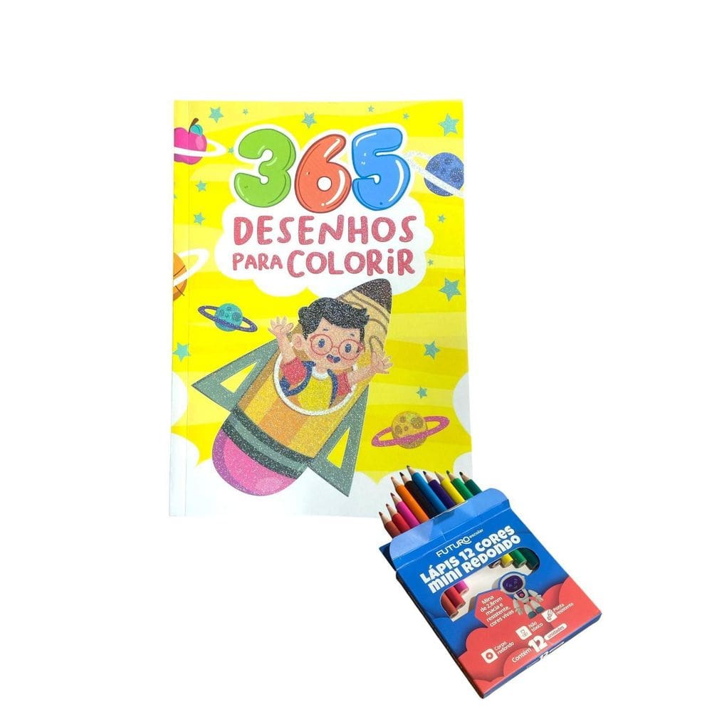 Kit Livro 365 Desenhos Para Colorir + 12 Mini Lápis De Cor