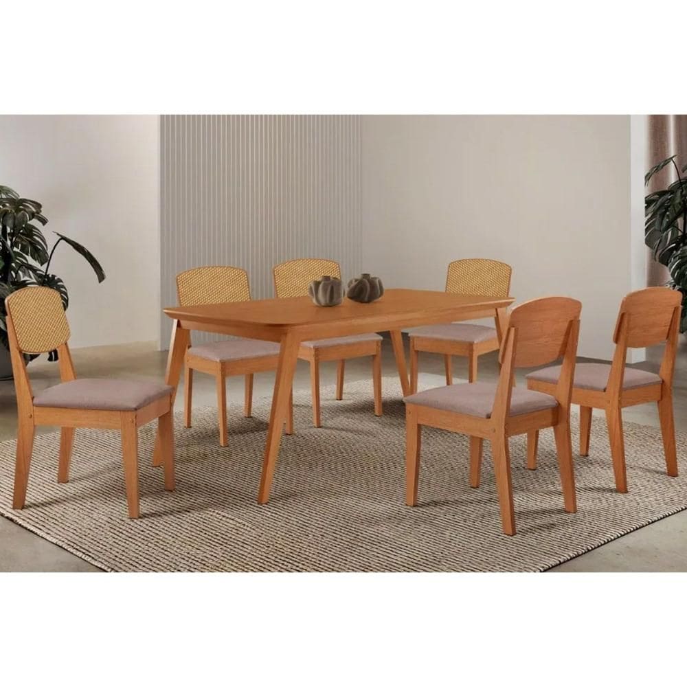 Sala Jantar Mesa Havana Tampo Curvo 180cm+6 Cadeiras Havana Naturale - Linho Capuccino - Rufato