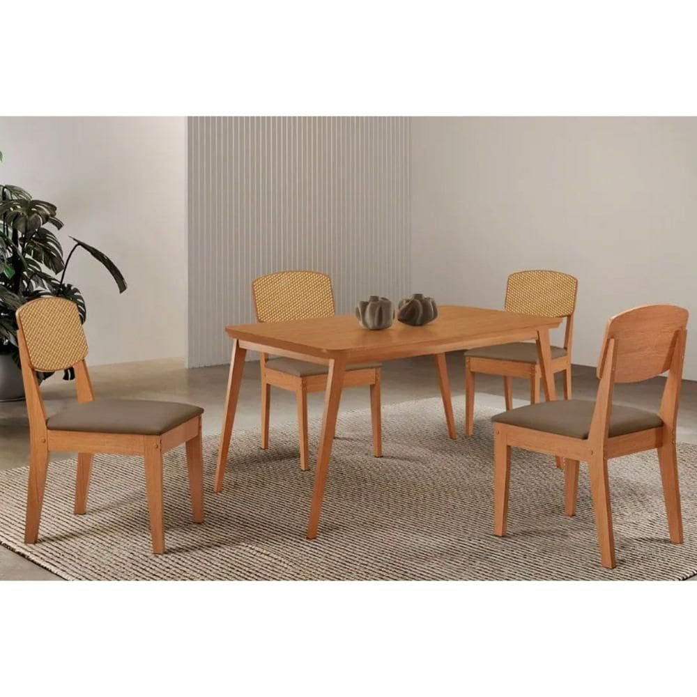 Sala Jantar Mesa Havana Tampo Curvo 120cm+4 Cadeiras Havana Naturale - Suede Capuccino - Rufato