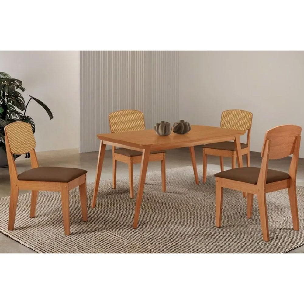 Sala Jantar Mesa Havana Tampo Curvo 120cm+4 Cadeiras Havana Naturale - Suede Marrom - Rufato