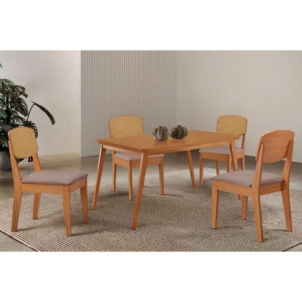 Sala Jantar Mesa Havana Tampo Curvo 120cm+4 Cadeiras Havana Naturale - Linho Capuccino - Rufato