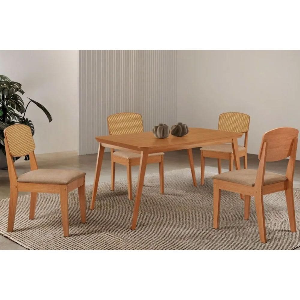 Sala Jantar Mesa Havana Tampo Curvo 120cm+4 Cadeiras Havana Naturale - Linho Bege - Rufato