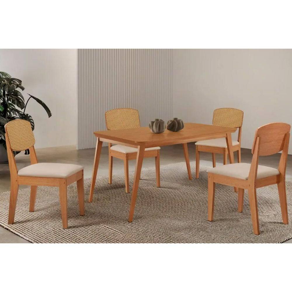 Sala Jantar Mesa Havana Tampo Curvo 120cm+4 Cadeiras Havana Naturale - Suede Creme - Rufato