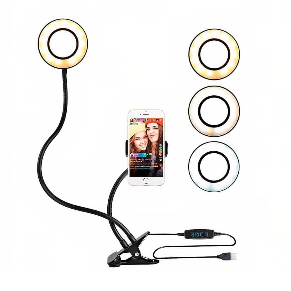 Iluminador Ring Light Suporte Mesa Articulado Controle Preto