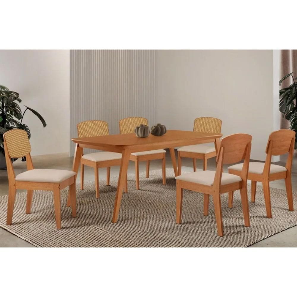 Sala Jantar Mesa Havana Tampo Curvo 180cm+6 Cadeiras Havana Naturale - Suede Creme - Rufato