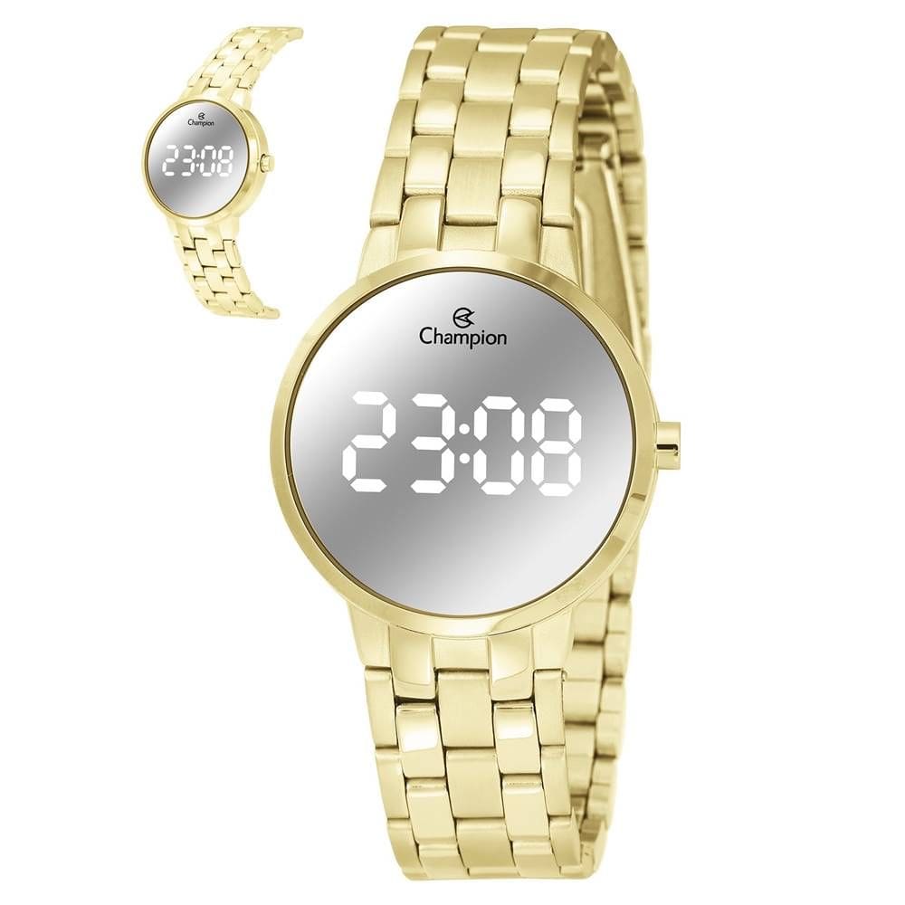Relógio Champion Feminino Ref: Ch48153b Led Espelhado Dourado