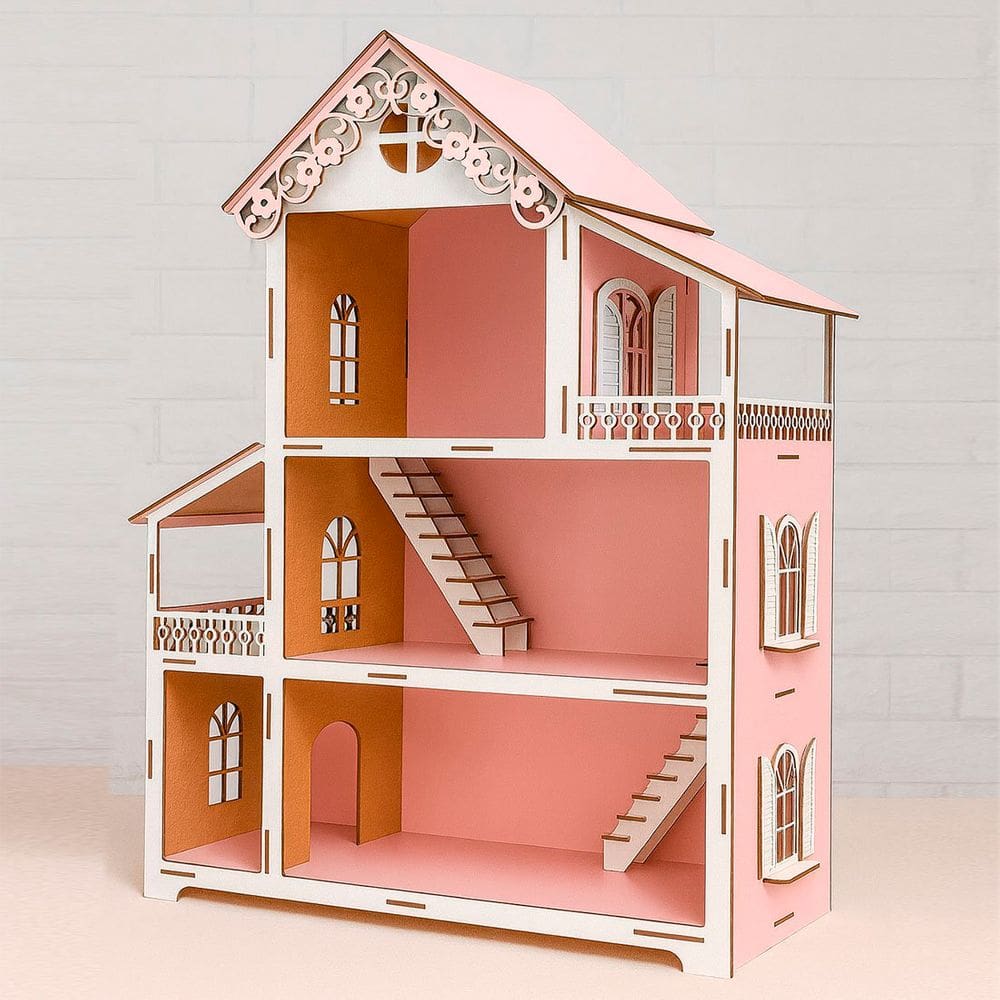 Casinha De Boneca Miniatura Rosa Branco Em MDF Barbie 60cm