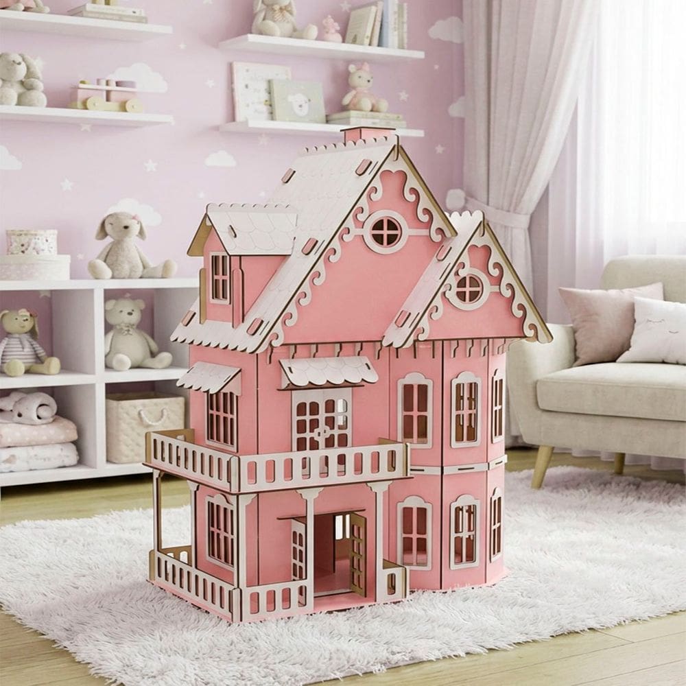 Casinha De Boneca Branco Rosa Miniatura Em MDF Barbie 78cm