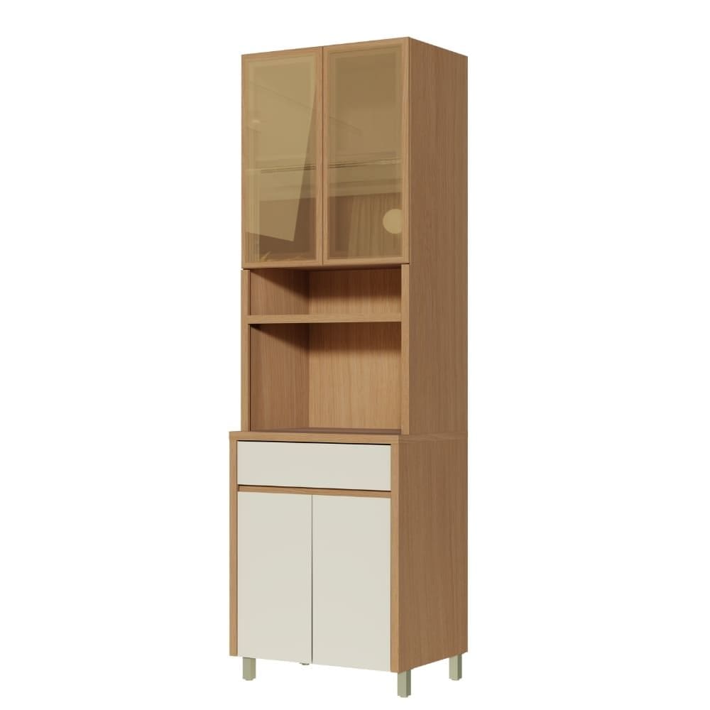 Armário De Cozinha Paneleiro Com Vidro Reflecta 4 Portas 1 Gaveta 100% Mdf Cléo Madeirado/Off White Nesher