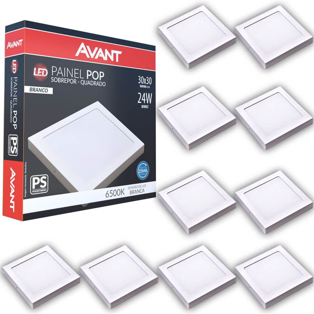 Kit 10 Plafon Painel Led Avant Pop 24W Branco 6500K 1680 Lúmens Quadrado de Sobrepor 30x30cm Bivolt