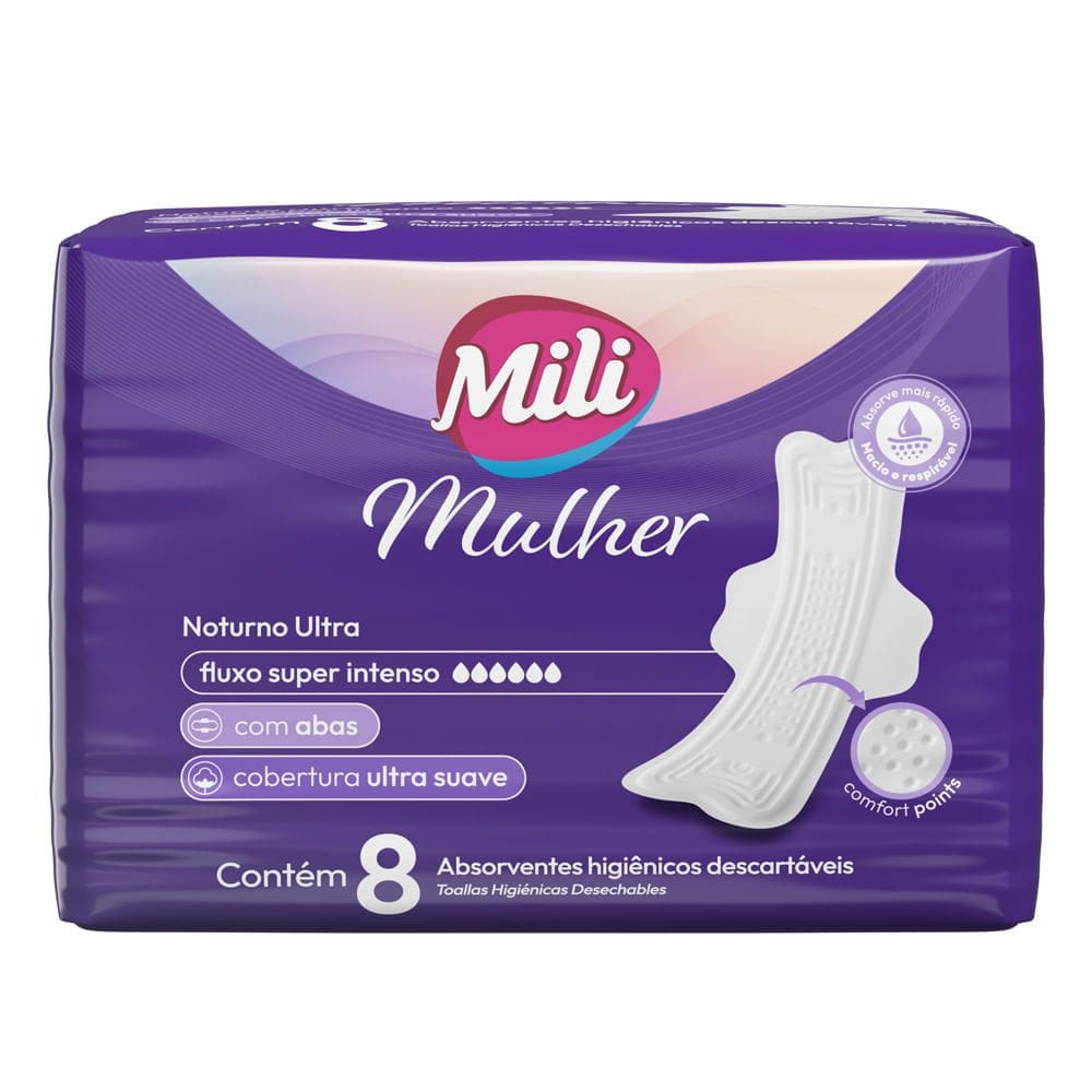 Absorvente Mili Mulher Noturno Discreto Fluxo Super Intenso Ultra Suave com Abas 8 Unidades