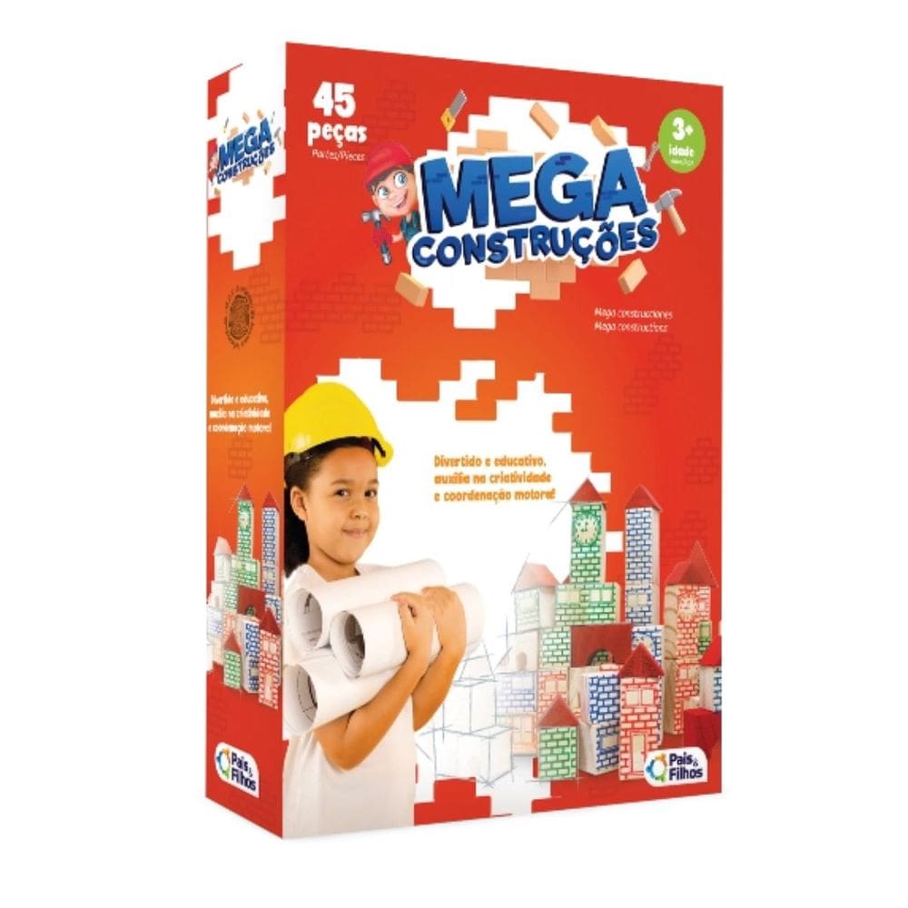 Jogo Mega Construções 45 Peças Blocos de Madeira Infantil +3 Anos Divertido Pais e Filhos