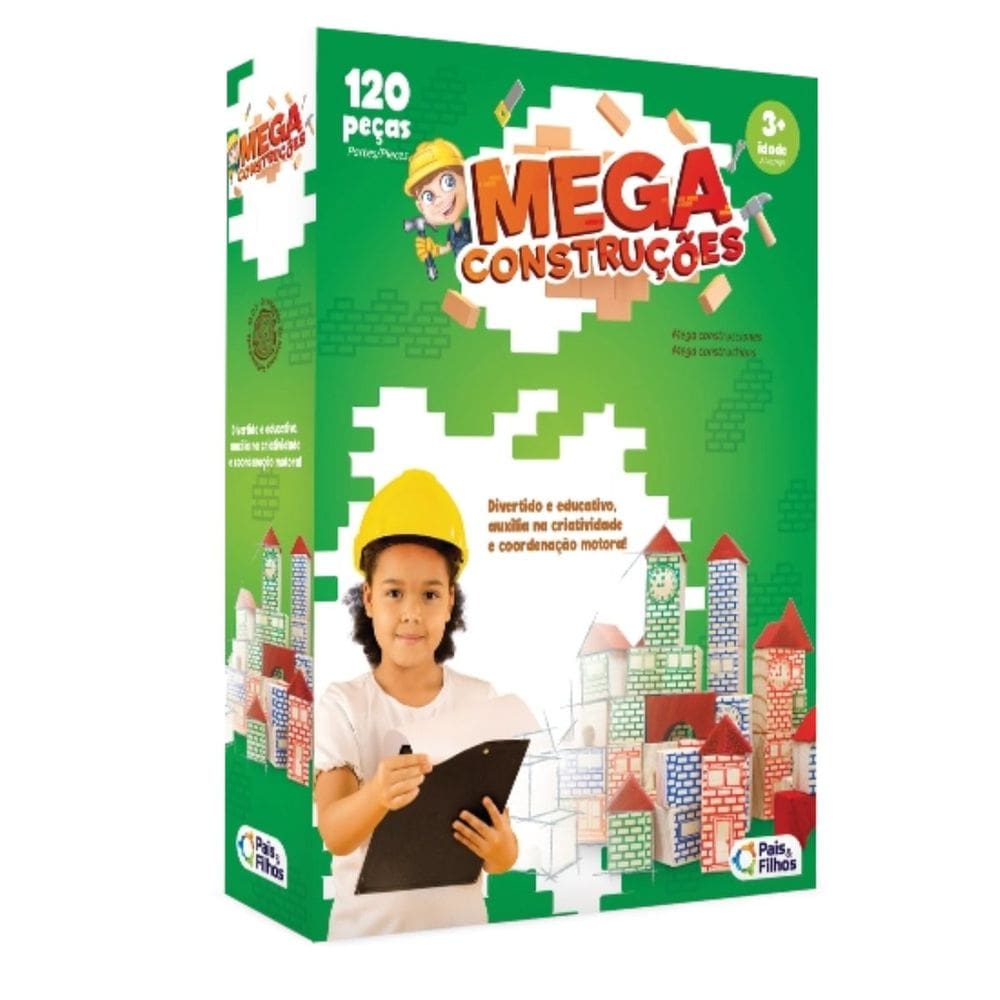 Jogo Mega Construções Blocos 120 Peças de Madeira + 3 Anos Infantil Pais e Filhos