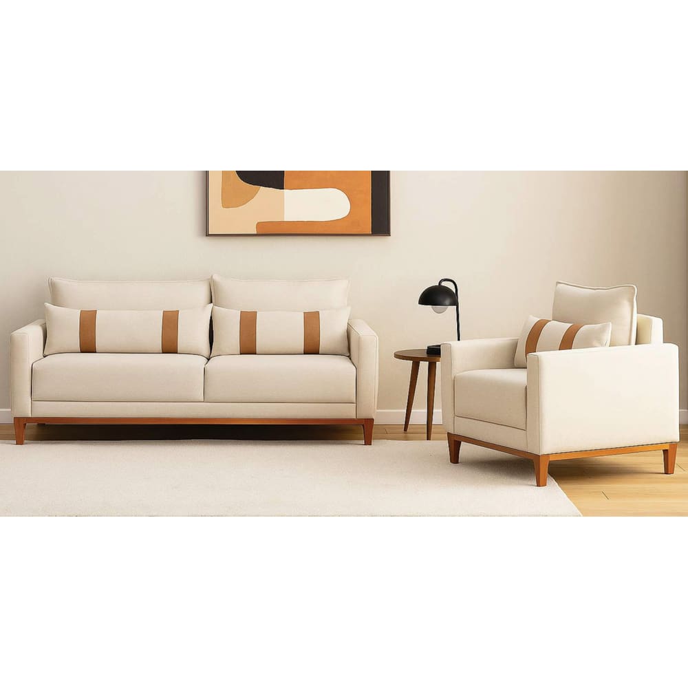 Sofá e Poltrona Conjunto Luxo Madri Base Madeira Detalhes em Courino nas Almofadas Decorativas