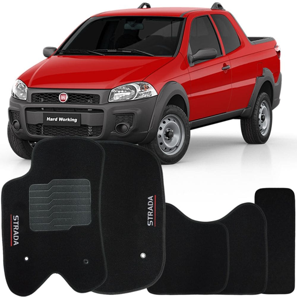 Jogo de Tapete Automotivo Carpete Fiat Strada Cabine Dupla 2013 à 2019 Soft Logo Bordado Preto
