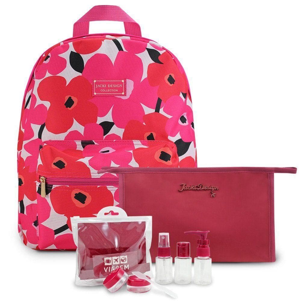 Kit Mochila, Necessaire/ Estojo, Frascos De Viagem 7 Peças Pink