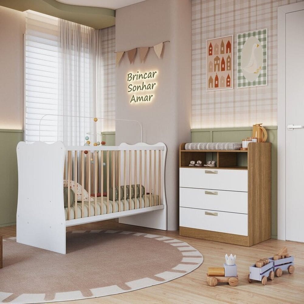 Quarto Infantil com Cômoda 3 Gavetas e Berço Branco/Mel