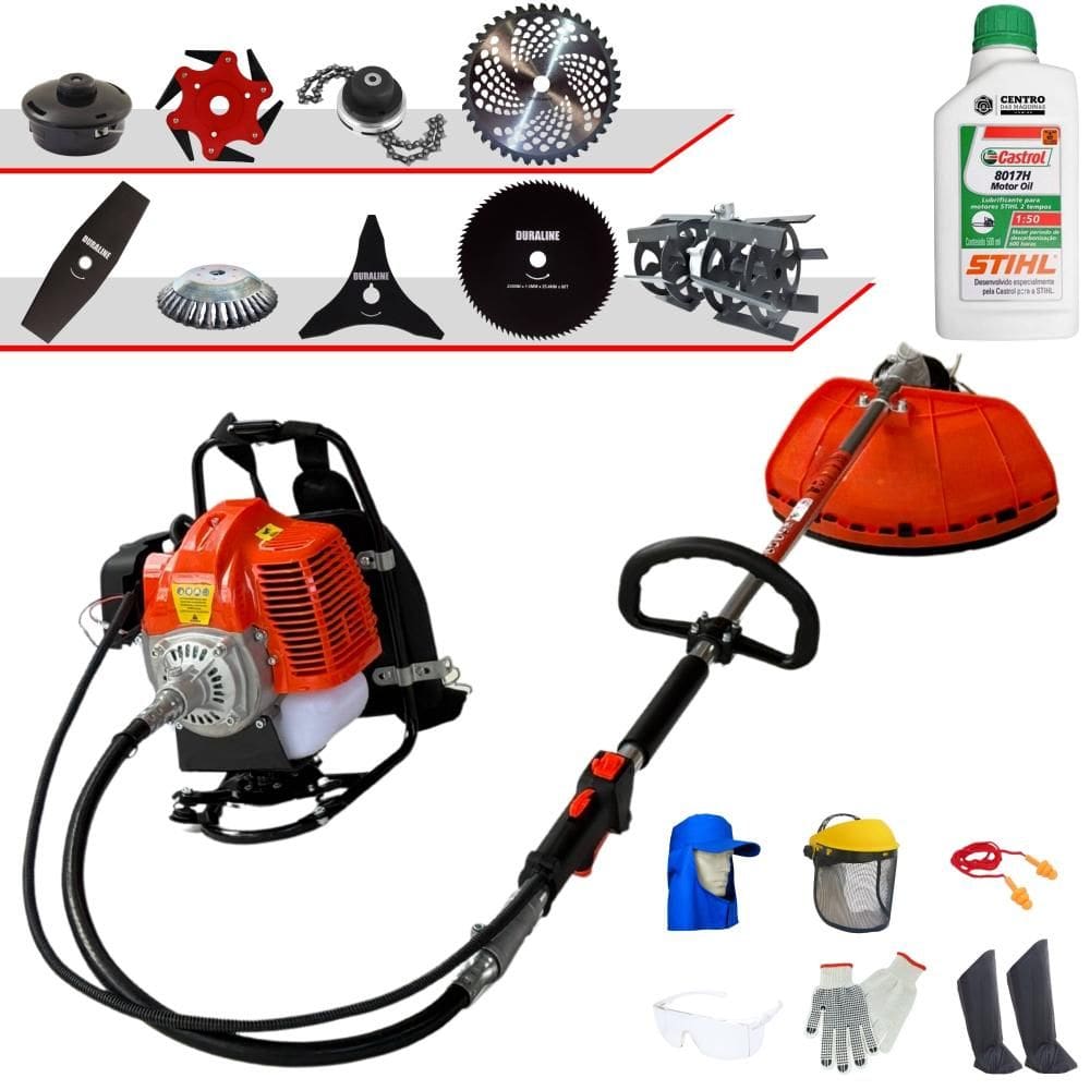 Máquina de Corta Grama Costal Terra À Gasolina 43cc 1,7HP de Potência Roçadeira Completa Com Carretel Nylon + 8 Opções de Corte + Óleo Stihl 2T + EPI