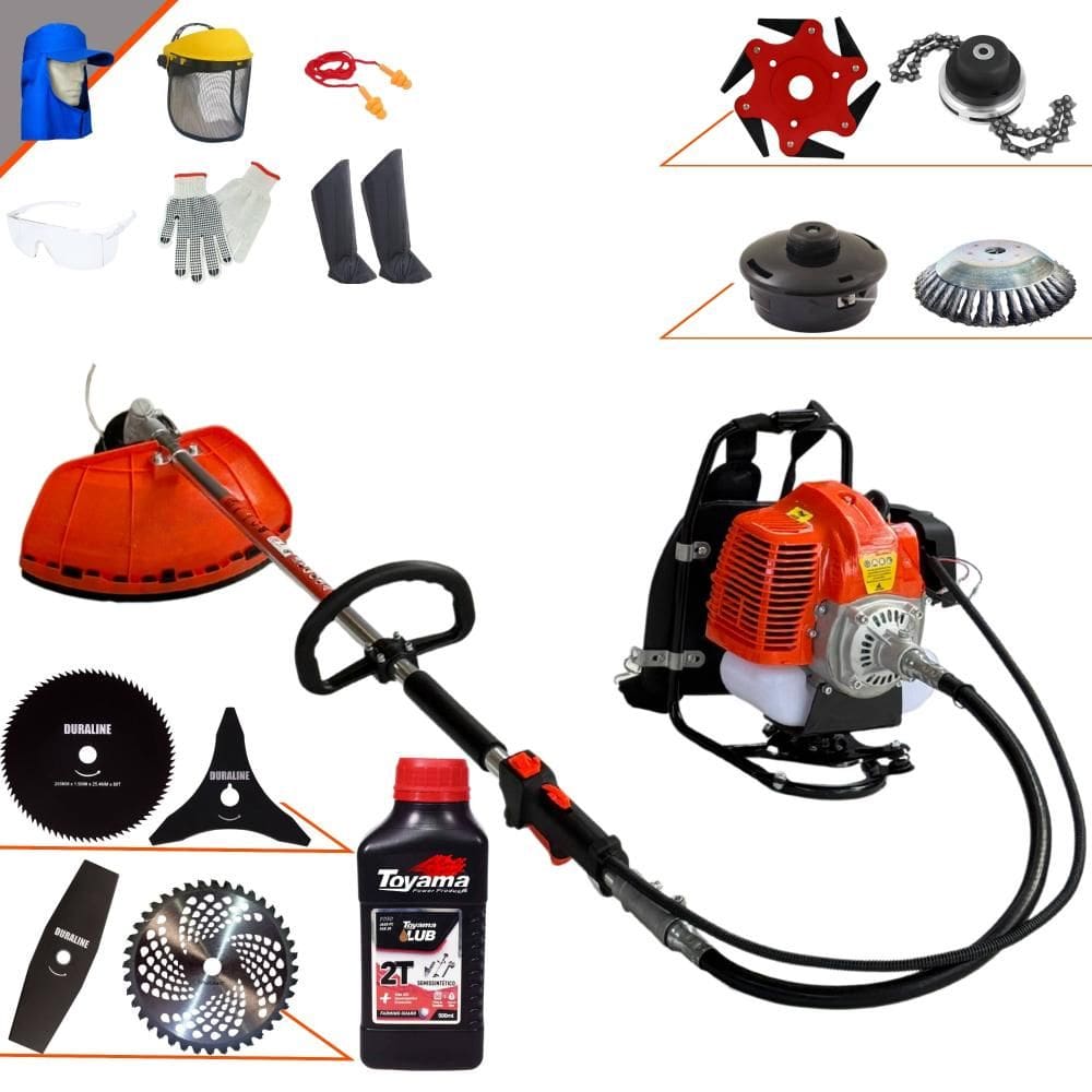 Máquina de Corta Grama Costal Terra À Gasolina 43cc 1,7HP de Potência Roçadeira Completa Com Carretel Nylon + 7 Opções de Corte + Óleo Toyama 2T + EPI