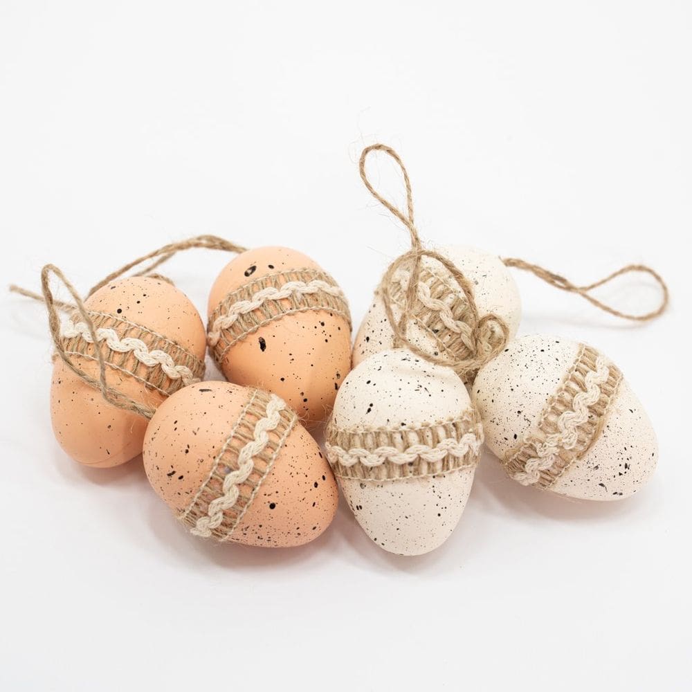 Kit 12 Ovos de Páscoa Bege Branco Enfeitado Pendente Decorativo