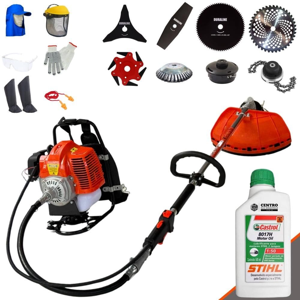 Máquina de Corta Grama Costal Terra À Gasolina 43cc 1,7HP de Potência Roçadeira Completa Com Carretel Nylon + 7 Opções de Corte + Óleo Stihl 2T + EPI