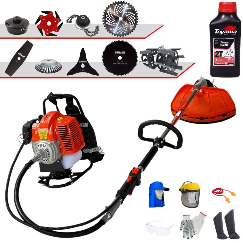 Máquina de Corta Grama Costal Terra À Gasolina 43cc 1,7HP de Potência Roçadeira Completa Com Carretel Nylon + 8 Opções de Corte + Óleo Toyama 2T + EPI