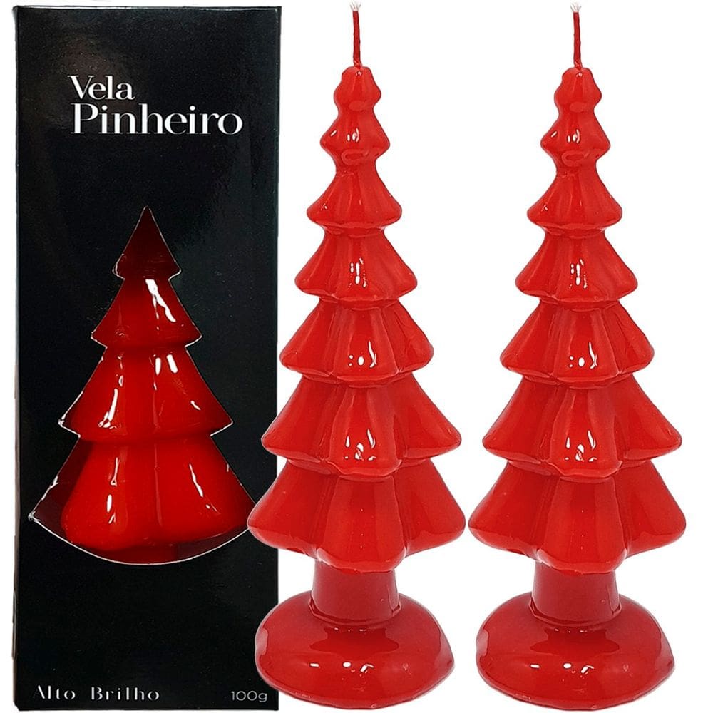 Velas Decorativas Natalino Pinheiro Vermelho 20cm Kit 2pçs