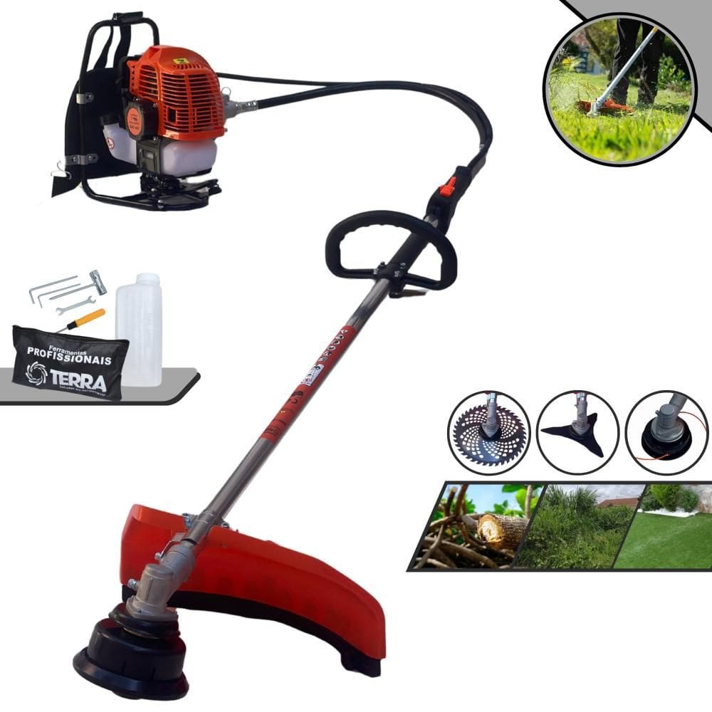 Máquina de Cortar Grama Costal À Gasolina Terra GRC430 2T 43cc 1,7HP de Alta Performance Completa Com Carretel + Lâmina 40 Dentes + Lâmina 3 Pontas