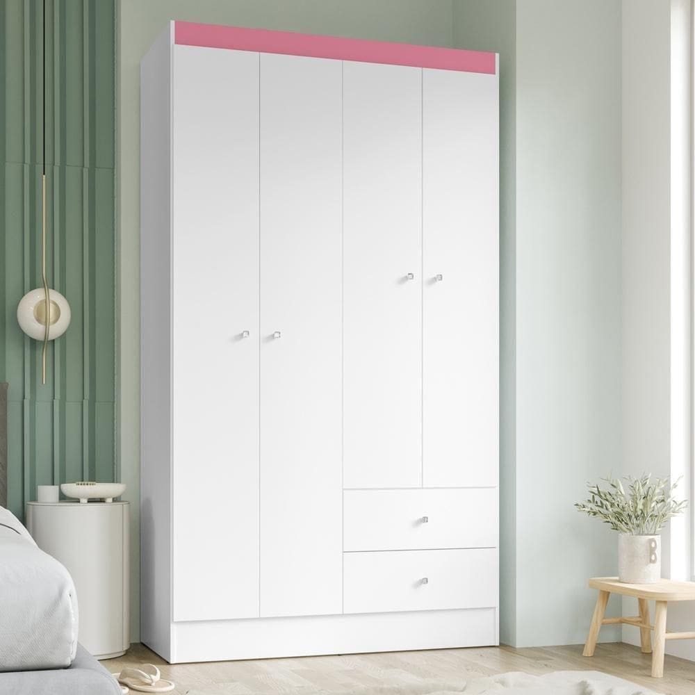 Guarda Roupa Solteiro 4 Portas 2 Gavetas Vesta - Branco-rosa Flex