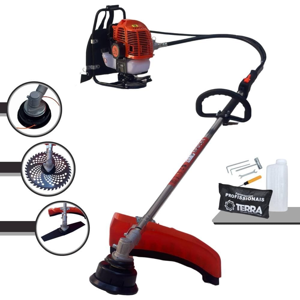 Roçadeira Costal Terra GRC-430 À Gasolina 43cc 1,7HP Máquina de Corta Grama Completa Com Carretel de Nylon + Lâmina 40 Dentes Vídea + Lâmina 2 Pontas